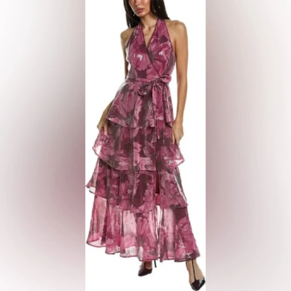 HUTCH Paige Sleeveless Halter Sequin Printed Tiered Wrap Maxi Dress - Picture 7 of 8